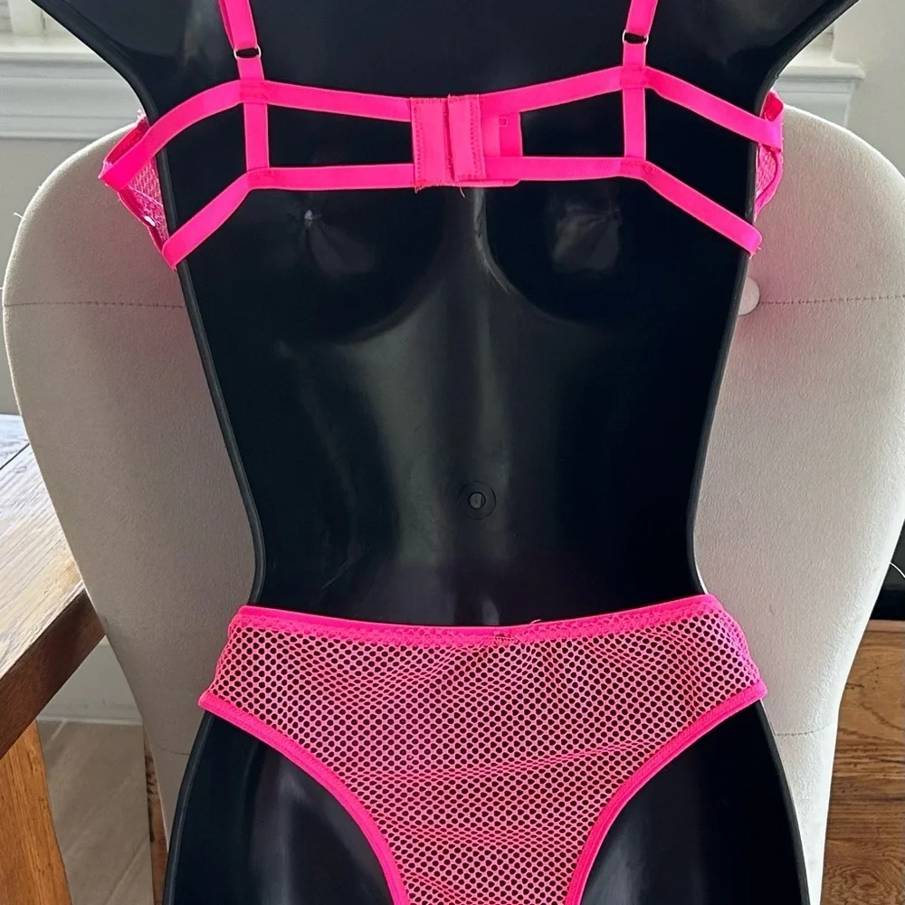 Hot Pink  mesh banded, open bra, and panty set NWOT.